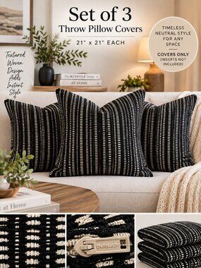 Black Ivory Woven Throw Pillow Covers 21x21 Textured Set of 3